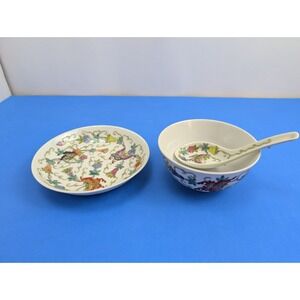 Vintage Arita Soup Bowl Cup with Saucer and Spoon Butterfly Japan Porcelain
